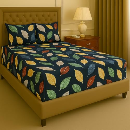 Image of Premium Cotton Fitted Bedsheets with 2 Pillow Covers for King Bed | 200-220 TC | Size 78x72+8 Inches | Floral Printed Dark Blue | Soft, Durable, All-Around Elastic Luxury Collections