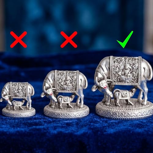 Image of ARNAVIRA 999 Silver Plated Antique Vastu Kamdhenu Cow with Calf Idol with Lakshmi Remedy for Wedding & Housewarming Gift | Pooja Room Height 4.5 Inch (Silver Antique, Large, Kamdhenu Cow 01)