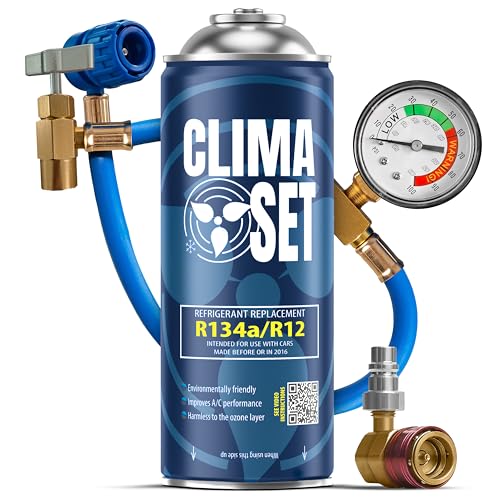 ClimaSet Gas de repuesto R134a para Aire Acondicionado de Coche con manguera y adaptador – para un rendimiento óptimo – respetuoso con la naturaleza – no tóxico – resistente a la corrosión – 170 g