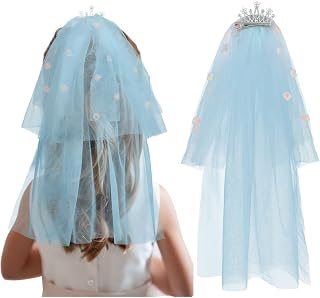 Princess Hair Clip Veil Rhinestone Clips Blue Communion Veils Girl Flower Veils Party Headdress for Kids