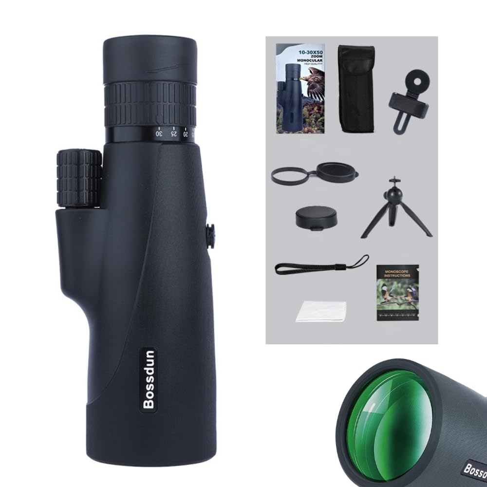 Teleskop monokularowy 10–30 x 50 Zoom – luneta HD dla dorosłych z pryzmatem BAK4 i soczewką FMC, wodoszczelność IP56, uchwyt na telefon komórkowy i statyw, do obserwacji ptaków, podróży, polowania