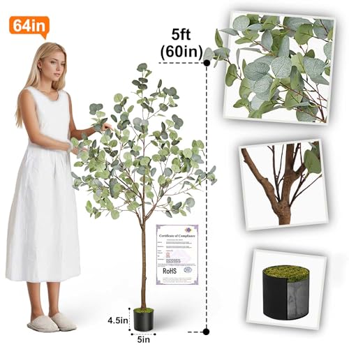 Image of Aveyas 5ft Artificial Eucalyptus Tree for Home Decor, 5 Feet Large Faux Floor Plant Fake Silk Trees with Pot for Indoor Outdoor House Living Room Office (5 ft Tall)