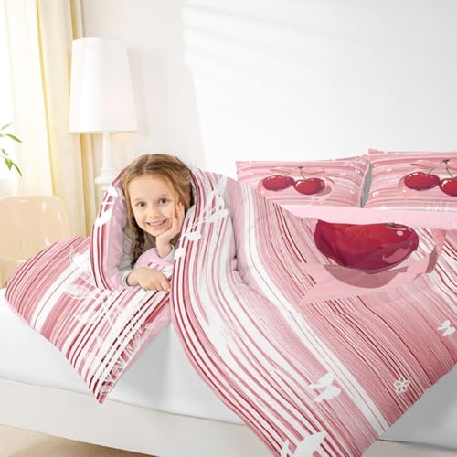 Image of Erosebridal Cherry Bow King Comforter Set Pink Valentine Bedding Set for Kids Teens Romantic Bowknot Bowtie Quilt Geometric Stripes Cottagecore Bedroom Decor 3 Pcs