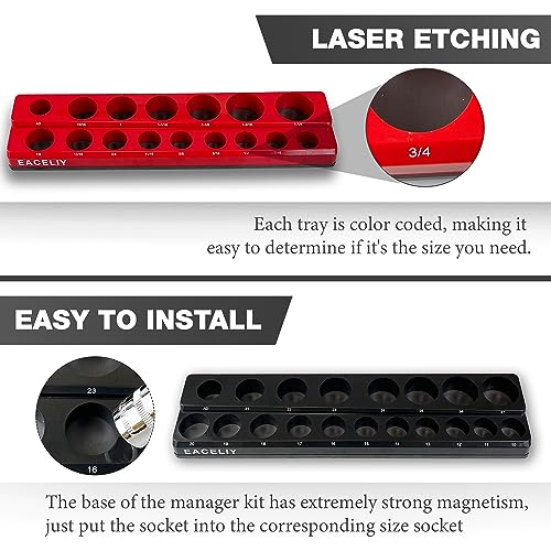 6-Piece Magnetic Socket Organizer Set, 1/2", 1/4" and 3/8" SAE & Metric Deep & Shallow Socket Holder Kit, holds 141 stanard Sockets, attaches to steel box/tool cart (sockets not included)