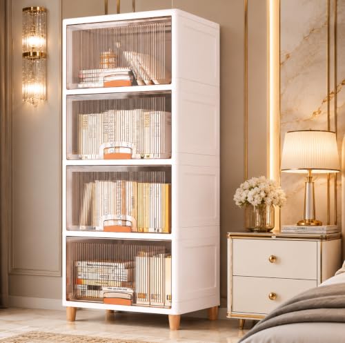 Image of EXVITO 4 Tier Foldable Wardrobe for Bedroom Clothes Storage Cabinet | Collapsible Plastic Almirah Organizer with Magnetic Doors & Wheels | Stackable Cupboard for Clothes Storage - Beige
