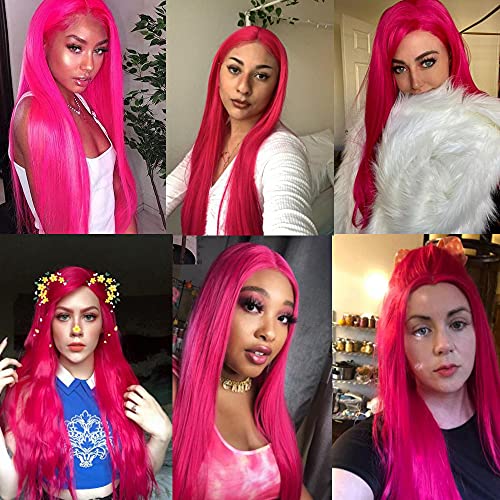 Hot Pink Lace Front Wig 13 ×2.5 Long Straight Synthetic Glueless Heat Resistant Fiber Hair Synthetic Lace Front Wigs For Fashion Women Cosplay Daily Wear(Hot Pink, 24 Inch) #TOP4