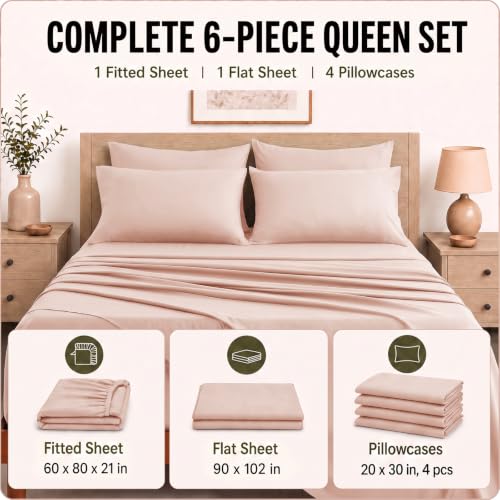 Image of CozyLux 6-Piece Queen Sheet Set, Fits 18-21 Inch Mattresses, Oeko-TEX | 4 Pillowcases, 1 Flat Sheet and 1 Fitted Sheet with All-Around Elastic and 21-Inch Deep Pocket for a Secure Fit, Blush Pink