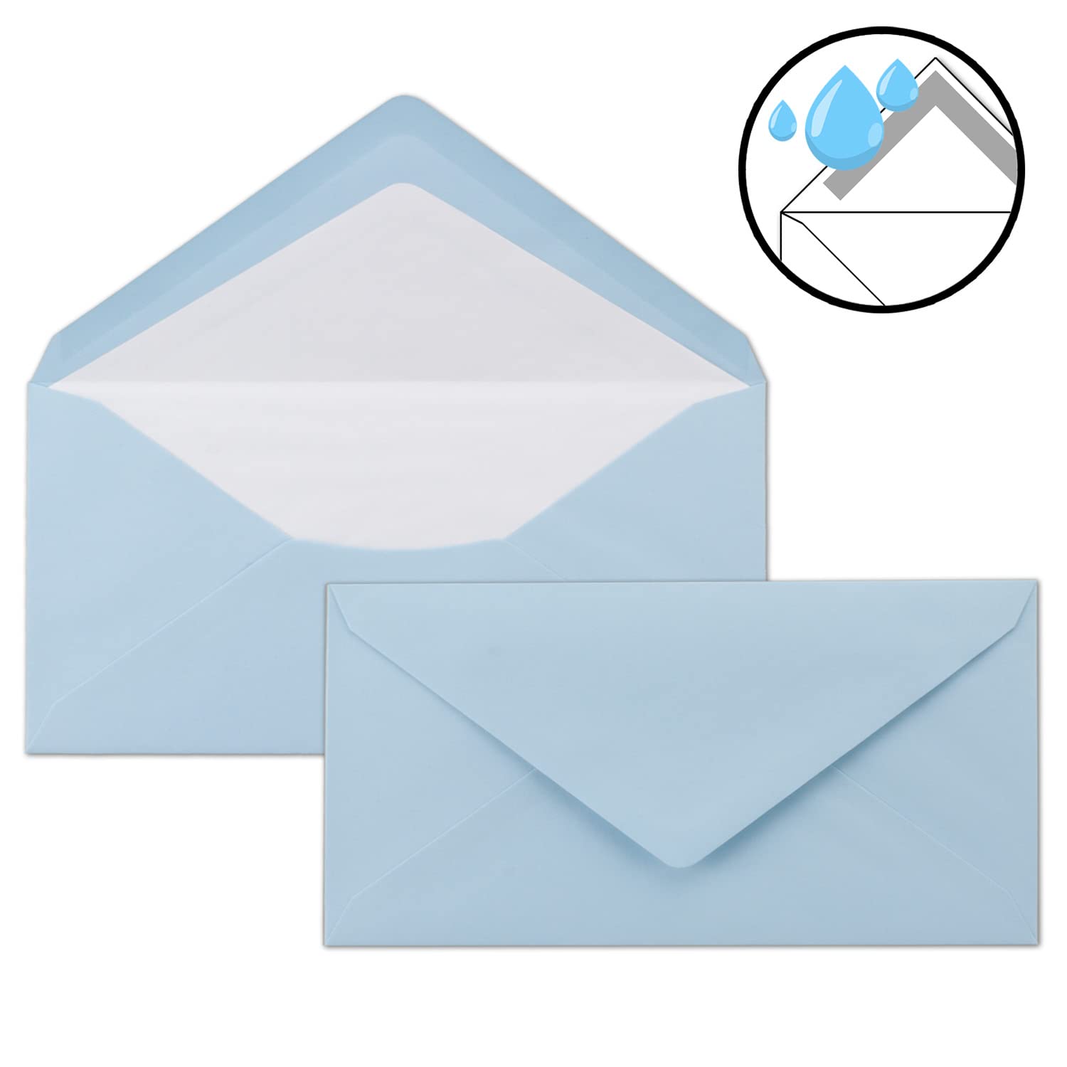Set di 300 buste di carta da lettere formato DIN A4 e DL, foderate con fodera in seta bianca, incollaggio a umido, colore: azzurro