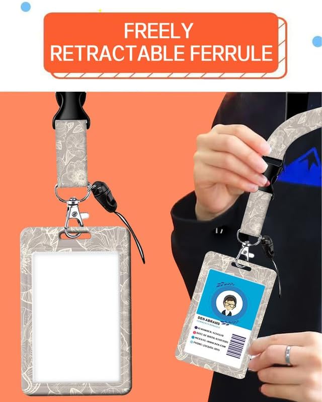 ID Badge Holder with Retractable Lanyard and Keychain, Badge Reel with Rotate Carabiner Clip,Elegant Gray Flower Card Name Tag Lanyard ID Protector Bage Clips for Teachers, Student, Women, Office - Image 4