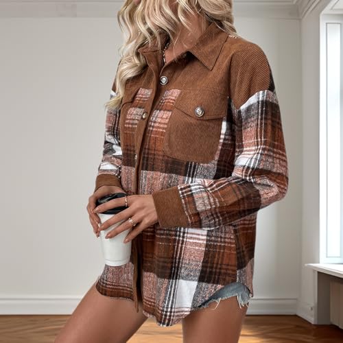 Womens Fashion Corduroy Long Sleeve Shirt Coats Plaid Button Down Blouse Fall Casual Tops with Pockets4