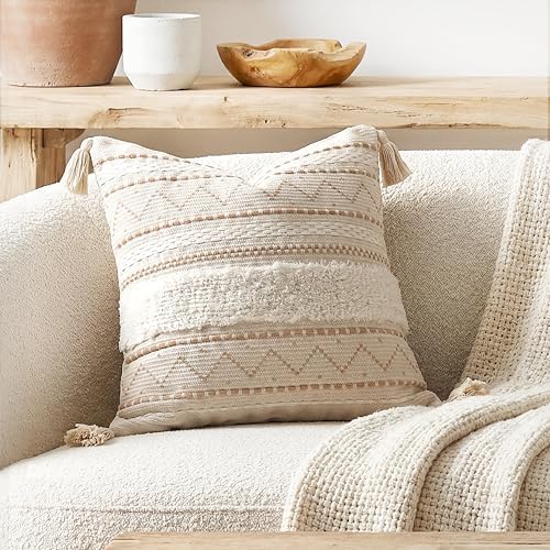 BlissBlush 18X18 Throw Pillow Cover, Cream Neutral Beige Square D...