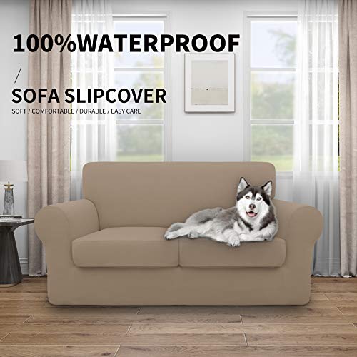 Image of Easy-Going Waterproof 3-Piece Loveseat Cover Couch Covers for Sofa | Stretch Spandex Sofa Cover Protector Bottom for 2 Cushion Couch Dog Pet Friendly Living Room Camel