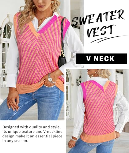 MARZXIN Women Sleeveless Sweater V Neck Casual 2025 Fall Knitted Chevron V Neck Sweater Vest Color Block Pullover Sweater Top4