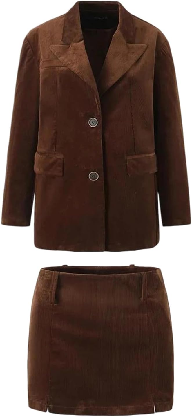 Women’S Corduroy Blazer High Waist Front Slit Package Hips Skirt Suits 2 Pieces Long Sleeve Blazer and Pencil Skirt