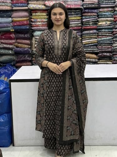 Image of GoSriKi Kurta Sets for Women Viscose Blend Printed | Kurti Set for Woman | Kurta Palazzo Dupatta Set | A Line Kurti | Mandarin Collar 3 /4 Sleeve Suit Set for Women Stylish Ethnic Outfit