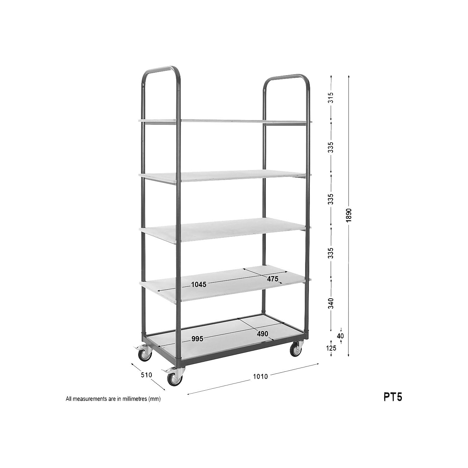eurokraft | Etagenwagen | 5 Etagen | Ladeflächen-LxB 1050 x 475 mm