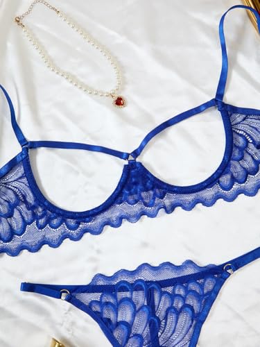 Image of Lilosy Sexy Underwire Floral Lace Sheer Lingerie Set for Women See Through Bra and Panty 2 Piece