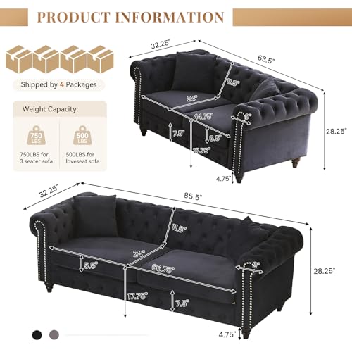 Image of Modern Chesterfield Sofa Set for Living Room, 2 Piece Velvet Fabric Furniture Sets 3 Seater Couch&Loveseat Sofa with Rolled Arms and Tufted Button, Office, Black