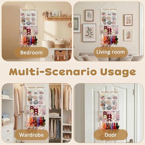Image of HASTHIP Wooden Hair Accessories Organizer Wall Hanging Bows Hairband Hair Clip Organizer for Girls Women, Multi-Compartment Display Rack Storage with Mesh Pockets, Clip Bars and Headband Holder