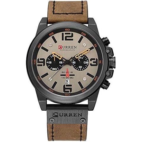 PASOY Mens Leather Watches Chronograph Classic Black Casual Dress Stainless Steel Case Waterproof Date Analog Quartz Multifunction Military Watch (Brown) Cover