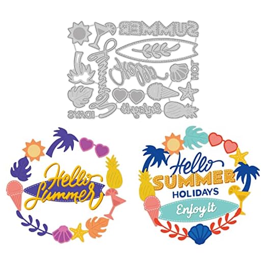 BENECREAT Hello Summer Cutting Dies Set, Holiday/Sunglasses/ Surfboard/Ice Cream Carbon Steel Stencil Template for DIY Scrapbooking Embossing Paper Decoration, 5.25x3.9 Inch