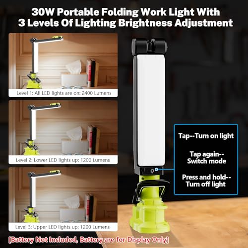 Image of Work Light Cordless Flashlight for Ryobi 18V Battery, Portable LED Folding Work Light with USB Output, 30W 2400LM for Construction Renovation & Home Repair Lighting [Battery Not Included]