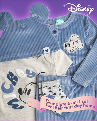 Disney Mickey Mouse Baby Boy Going Home Outfit Set - 5 Piece Onesie, Corduroy Shirt, Pants, Beanie Hat, and Socks (0-9M)4