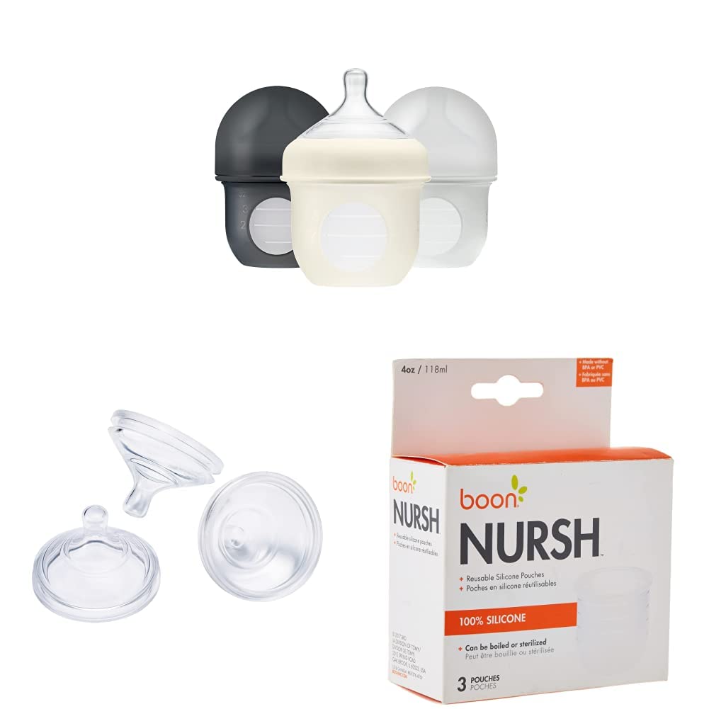 BoonNURSH Reusable Silicone Baby Bottles with Pouches and Nipples - 3 Count