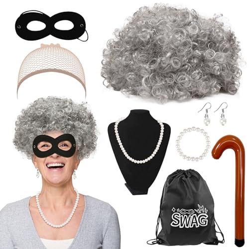 HONMOK 8Pcs Gangster Granny Wig Set Grey Curly Old Lady Costume Burglar Grandma Fancy Dress with Wig Mask Bag Inflatable Walking Stick Necklace Robber Outfit Accessories for Carnival World Book Day