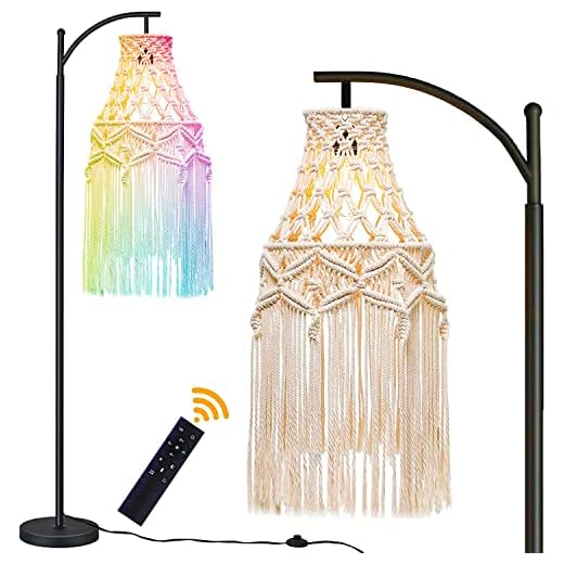 QIYIZM Boho Floor Lamp for Living Room Bedroom,Bohemian Standing Lamp with Control and Dimmable RGB Bulb,Farmhouse Adjustable Floor Light,Macrame Fringe Lamp Shades,Modern Arc Tall Lamp（Colorful Bulb）