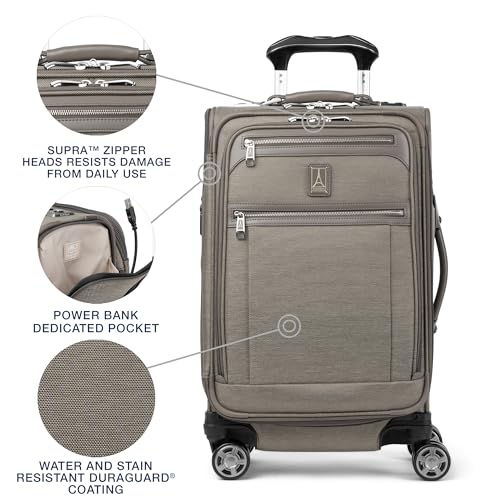 Image of Travelpro Platinum Elite Softside Expandable Carry on Luggage, 8 Wheel Spinner Suitcase, USB Port, Suiter, Men and Women, Metallic Sand, Carry On 21-Inch