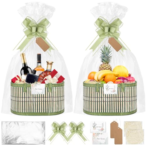 SelfTek Cesta Vacía, 2 Unidades Cesta Vacía para Regalo, Cesta de Regalo de Bambú Tejido Verde con Bolsas Envolventes, Rafia, Lazos para Tirar, Tarjetas de Felicitación