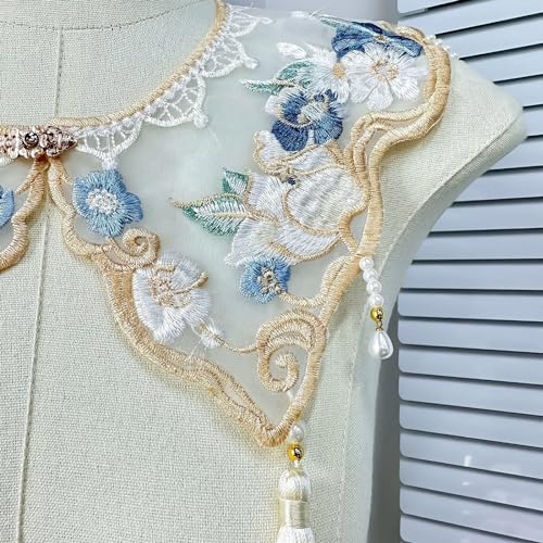 Chinese Embroidered Flower Organza Shawl Wrap Pearl Tassels Yunjian Cloud Shoulder False Collar Scarf for Dresses4