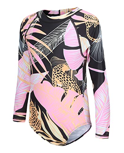 Image of Moon Tree Girls One Piece Swimsuits Long Sleeve Rash Guard Zipper Front Bathing Suit UPF 50+