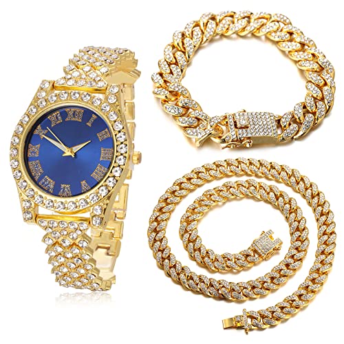 Image of Halukakah Diamonds Gold Watch Iced Out, Kid's 18K Real Gold /Platinum White Gold Plated 36MM Width Green /Blue /Red Dial Quartz Wristband 8 inch with Cuban Link Chain 7 inch+16 inch Bracelet, Free Giftbox