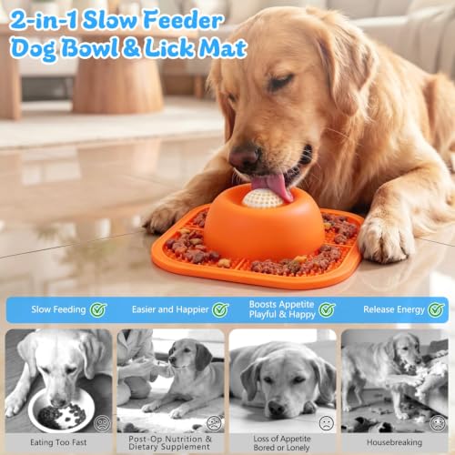 Image of Slow Feeder Dog Bowls & Lick Mat for Liquid and Thick Treat, Anti-Slip Dog Lick Bowl with Interactive Rolling Ball, 5 /6 Cup Pup Licking Toy for Large Medium Small Dogs and Cats Orange