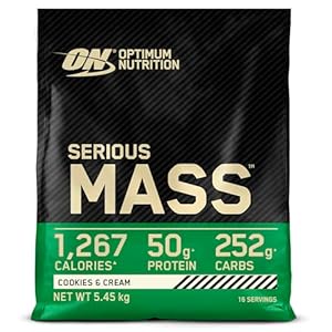 Optimum Nutrition Serious Mass Poudre de Protéine Gain de Masse Hautement Calorique avec 25 Vitamines et Minéraux, Créatine Monohydrate et Glutamine, Saveur Cookies & Crème, 16 Portions, 5.45 kg