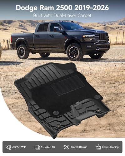 Image of 3W Floor Mats with Carpets for 2019-2025 2026 Ram 2500 /3500 Crew Cab with Bucket Seat (Not for PTO KIT Models), All Weather TPE Floor Liners 1st & 2nd Row (for Carpet Floor), Black