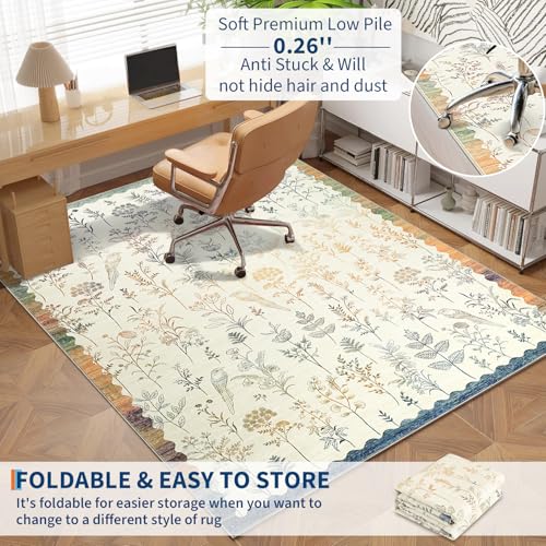 GarveeHome Washable 5x7 Rugs for Living Room Floral Scalloped Bedroom Area Rug, Non-Slip Dining Table Solid Neutral Throw Mat, Botanical Area Rug Carpet for Entry Basement Dorm Farmhouse,Beige