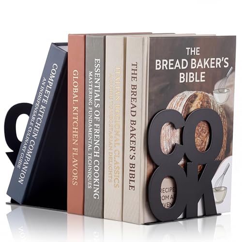 Hotop Cookbook Bookends Kitchen Decorative Metal Supports for Book-Rack Desk Kitchen Book Shelf Holder for Shelves Distinctive Appearance Design Book Ends Metal Supports(Black)