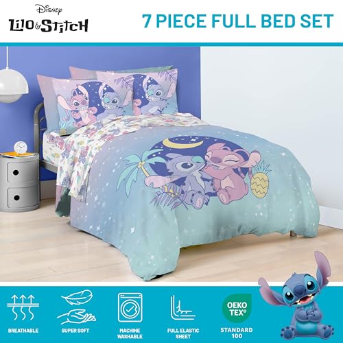 Image of Disney Lilo and Stitch Full Comforter Set 7 Piece Kids Bedding, Multi | Bed in a Bag, Comforter Sheets Shams Pillowcases, Official Brand, Soft Microfiber, Machine Washable, Girls Gift