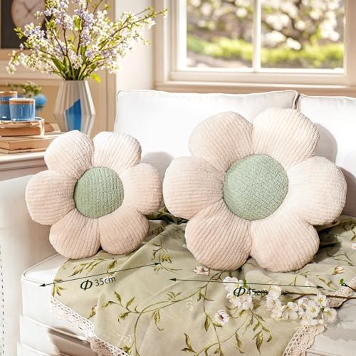 Valentinstag Blumenkissen, Creme Grün Blumengestalt Zierkissen, Plüsch Bodenkissen für Sofa & Bett Kinderzimmer, Mädchen Dekoratives Gänseblümchen Design Wohnkissen 40cm – Bild 2