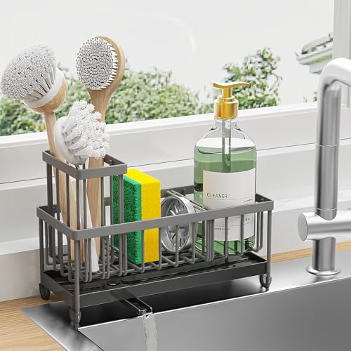 Image of Cisily Sponge Holder for Kitchen Sink, Sink Caddy Organizer with High Brush Holder, Kitchen Countertop Organizers and Storage Essentials, Rustproof 304 Stainless Steel (Dark Grey, 9.25″)