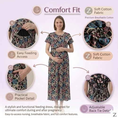 Image of Zero Clothing Feeding Dress for New Moms Casual Loungewear Ankle Length | Cotton Maternity Nighty | Zipless Feeding Dresses for Women | Pregnancy & Nursing Wear