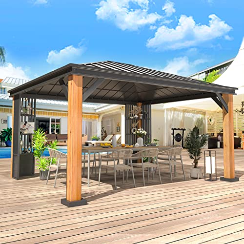 Yoleny 12'X14' Ultra-Thick Columns And Beams Hardtop Gazebo, Faux Wood Grain Metal Gazebo With Storage Rack, Vertical Stripe Galvanized Iron Roof, Outdoor Patio Gazebo For Patio #TOP7