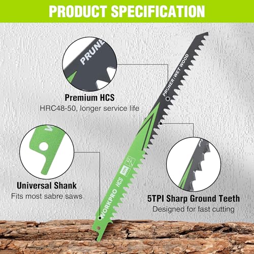WORKPRO 5-Piece Reciprocating Saw Blades Set | Sabre Saw Blades for Cutting Branches,Wet Wood | 230mm 5TPI Saw Blades Set with Plastic Storage Box | Compatible with Most Reciprocating Saw 2 WORKPRO 5-Piece Reciprocating Saw Blades Set | Sabre Saw Blades for Cutting Branches,Wet Wood | 230mm 5TPI Saw Blades Set with Plastic Storage Box | Compatible with Most Reciprocating Saw - Image 2