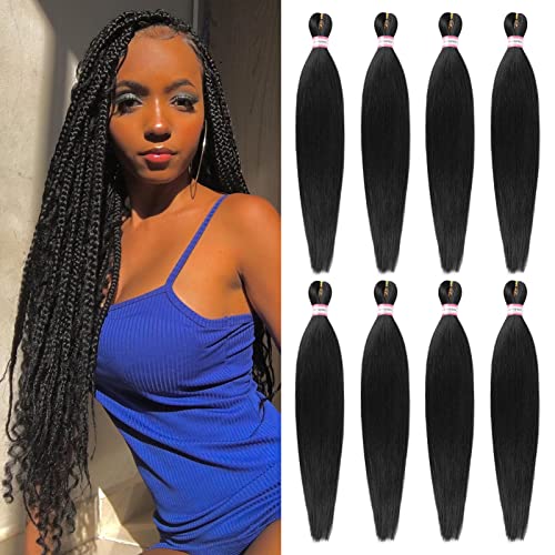 Pre Stretched Braiding Hair 8 Packs 26 Inch Long Professional Hair for Braiding Easy to Twist Crochet Braids Hot Water Setting Yaki Straight Synthetic Hair Extensions (#1B)