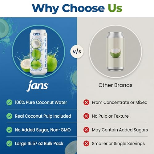 Image of Jans 100% Coconut Water with Pulp, No Added Sugar, Natural Electrolyte Hydration Drink, Unsweetened Coconut Juice Beverage, 16.57 Fl Oz Cans (Pack of 12)