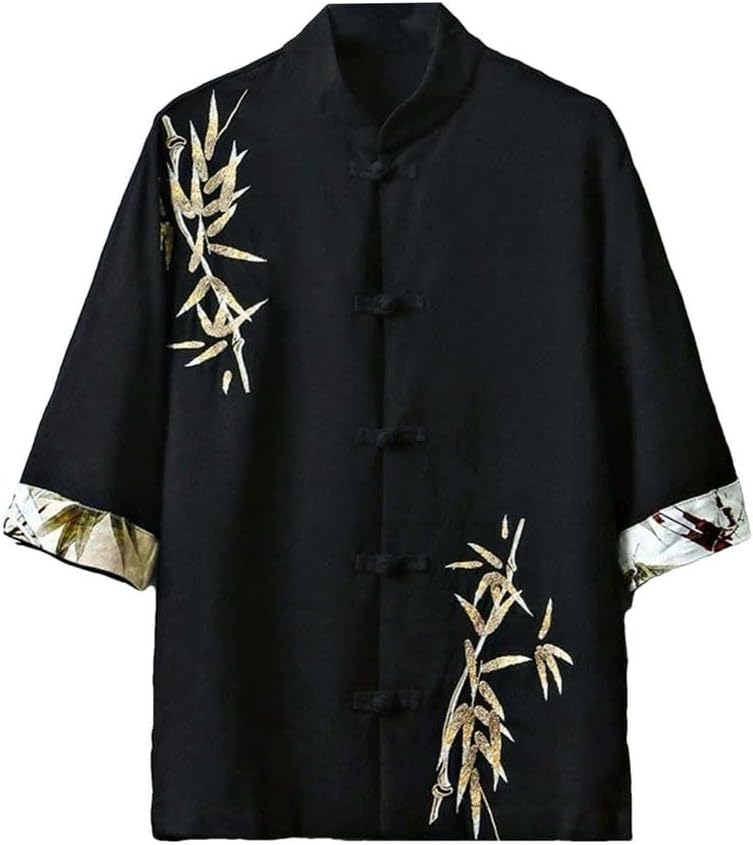 Chinese Style Men's Short-Sleeved Embroidered Color-Blocking mid-Sleeved Shirt Retro Button Summer top