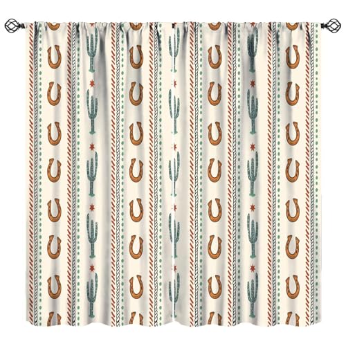 JADERYS Western Blackout Curtains Retro Farmhouse Horseshoe Tropical Cactus Wild West Art Printed Kids Boys Men Bedroom Living Room Rod Pocket Decoration Window Drapes 2 Panels W21xL63in